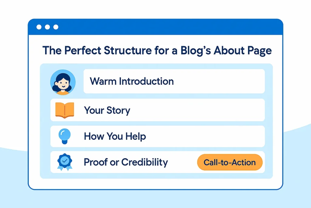 Infographic illustration of a blog’s About Page mockup labeled with sections — Introduction, Story, Help, Proof, and CTA — using LinkSpanner’s blue-orange color scheme.