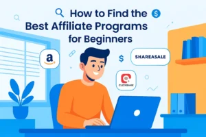 Illustration of a beginner affiliate marketer researching affiliate programs on a laptop surrounded by digital icons and network logos.