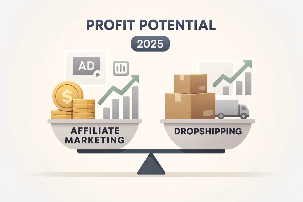 Infographic comparing profit potential between affiliate marketing and dropshipping in 2025 using charts and business icons.