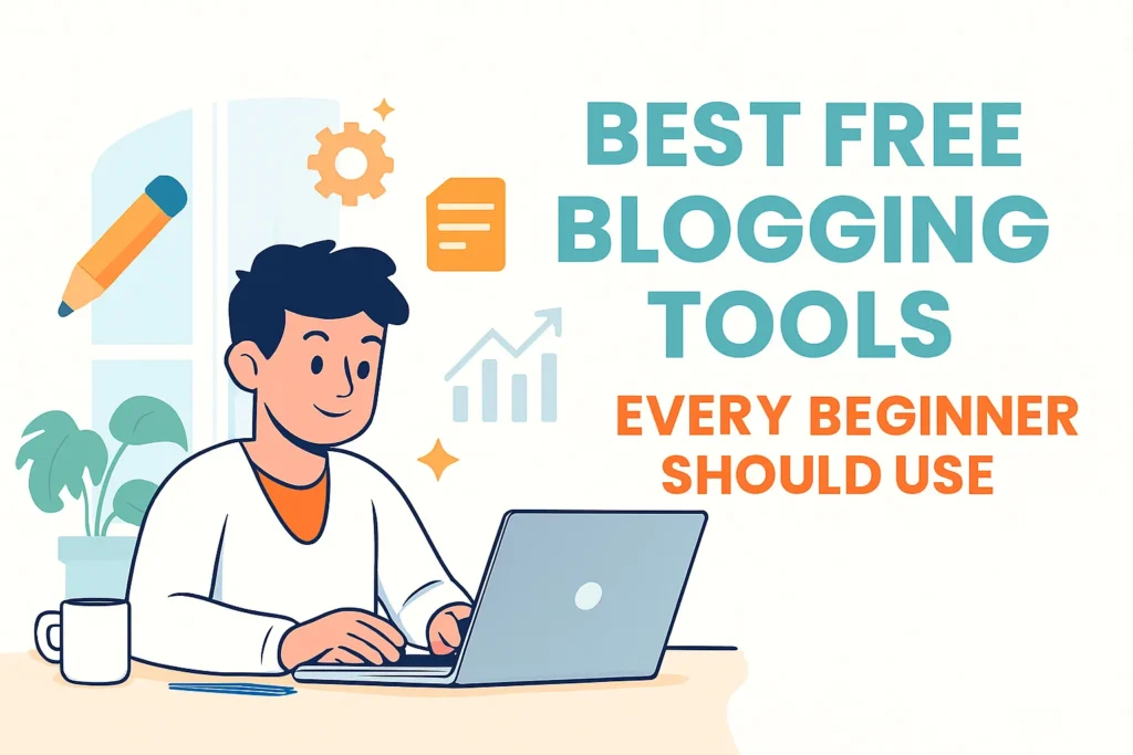 Blogger working on laptop with abstract icons representing writing, SEO, and creativity tools.