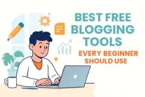 Blogger working on laptop with abstract icons representing writing, SEO, and creativity tools.