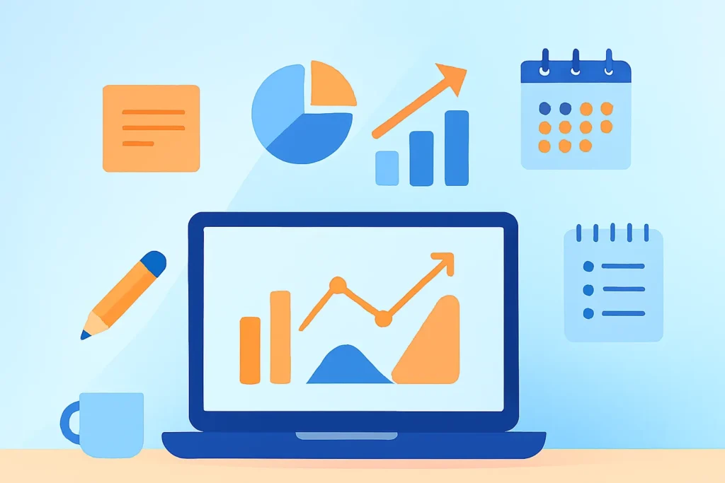 Abstract digital dashboard representing productivity, analytics, and content planning tools.