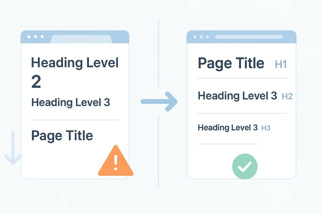 Split illustration showing incorrect and correct header tag hierarchy for SEO.