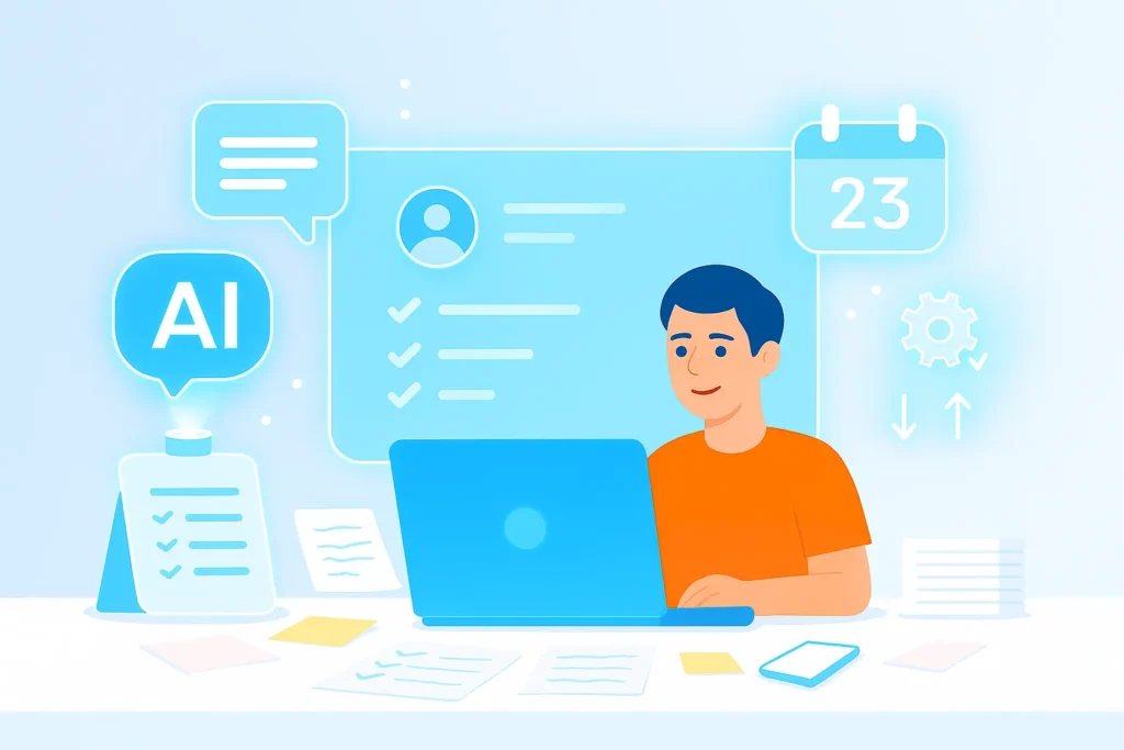 A futuristic digital workspace showing a complete AI productivity ecosystem with a smart calendar, AI assistant hologram, and automated task flows.