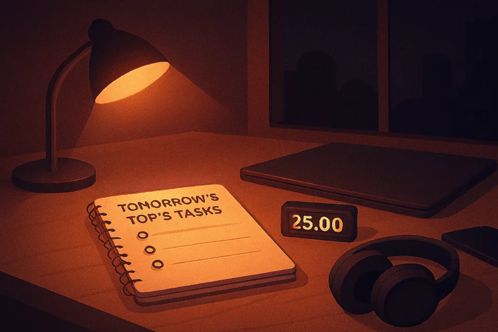 A calm evening workspace with a notebook showing “Tomorrow’s Top 3 Tasks,” a closed laptop, and a clean desk, symbolizing the end-of-day shutdown routine.