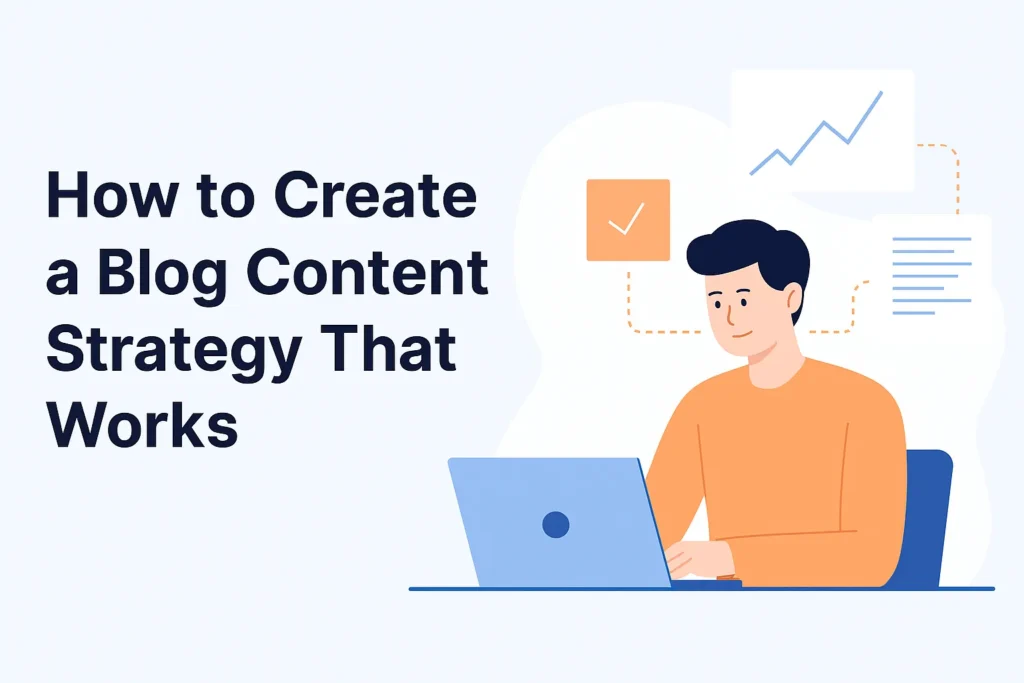 Illustration of a blogger planning content with charts, notes, and the title “How to Create a Blog Content Strategy That Works.”