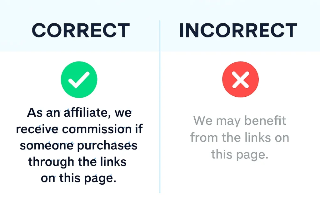 Two-column infographic comparing a correct FTC-compliant affiliate disclosure with a clear example on the left and an incorrect, vague disclosure on the right.