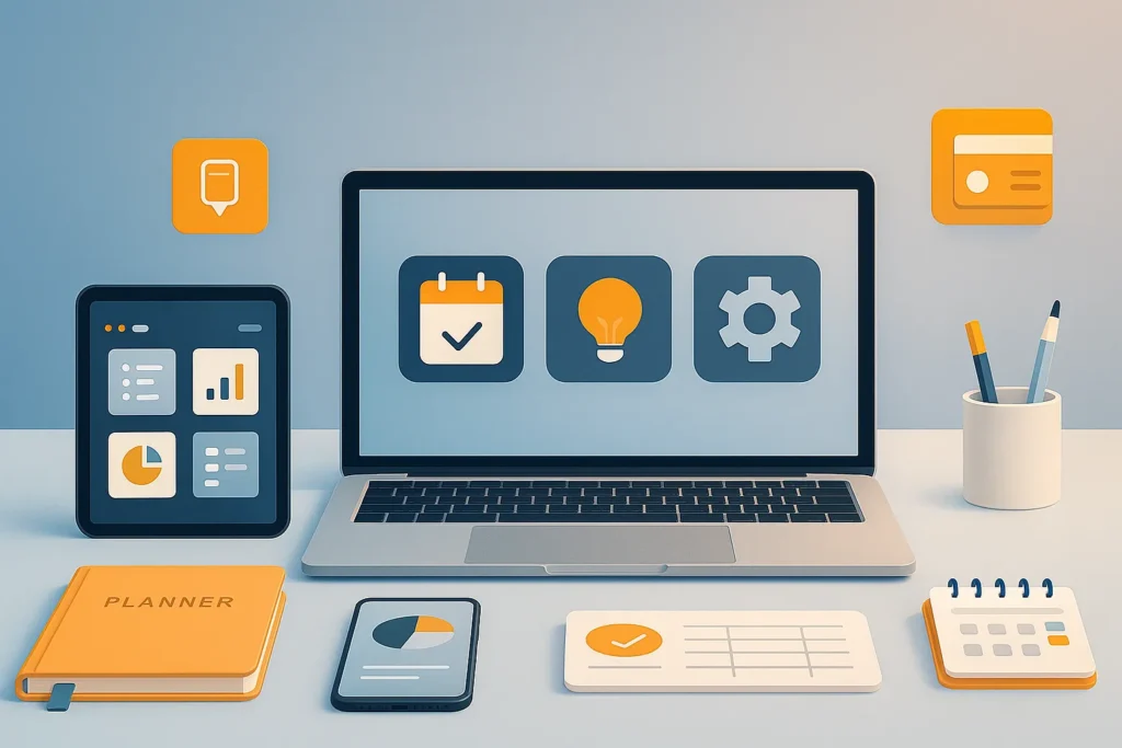 A modern digital workspace with a laptop, planner, and productivity tools arranged neatly for creators and online entrepreneurs.