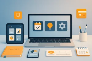 A modern digital workspace with a laptop, planner, and productivity tools arranged neatly for creators and online entrepreneurs.