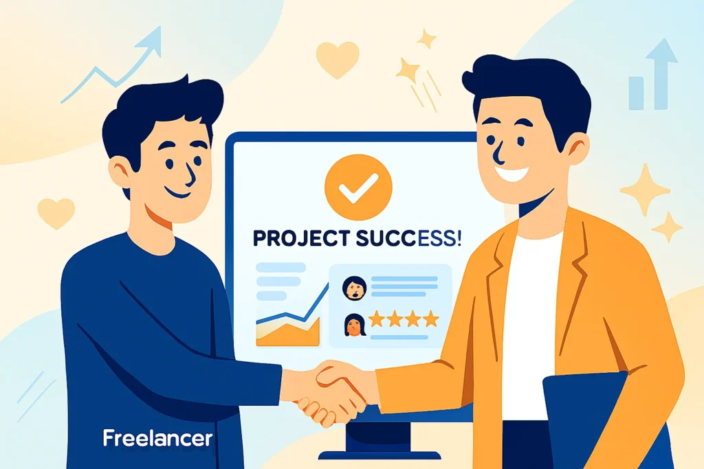 Freelancer and client celebrating a successful project completion symbolizing conversion success.