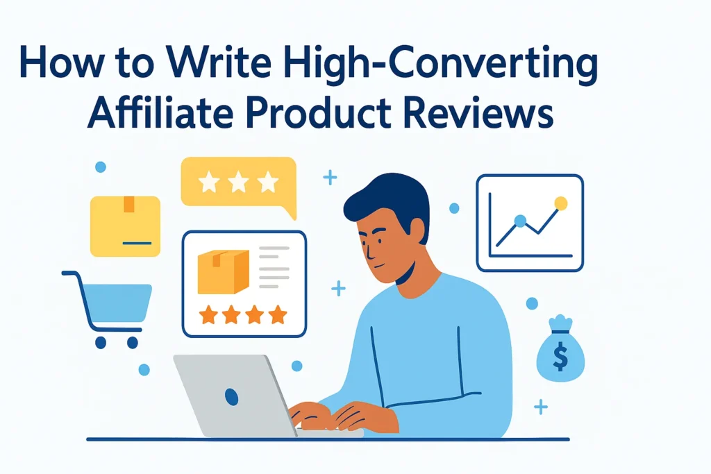 A blogger writing a high-converting affiliate product review with digital marketing icons and analytics elements.