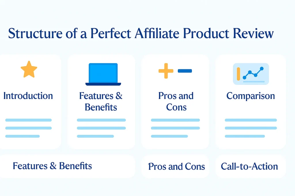 Infographic showing the structure and layout of a high-converting affiliate product review.