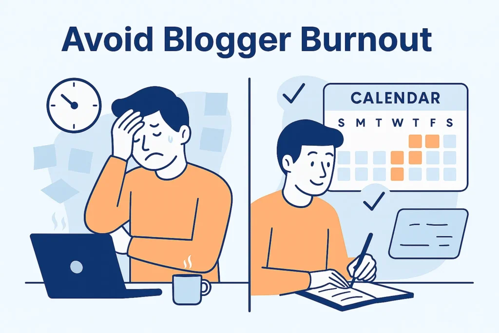 Illustration comparing a stressed blogger versus a calm, organized blogger managing a content calendar.